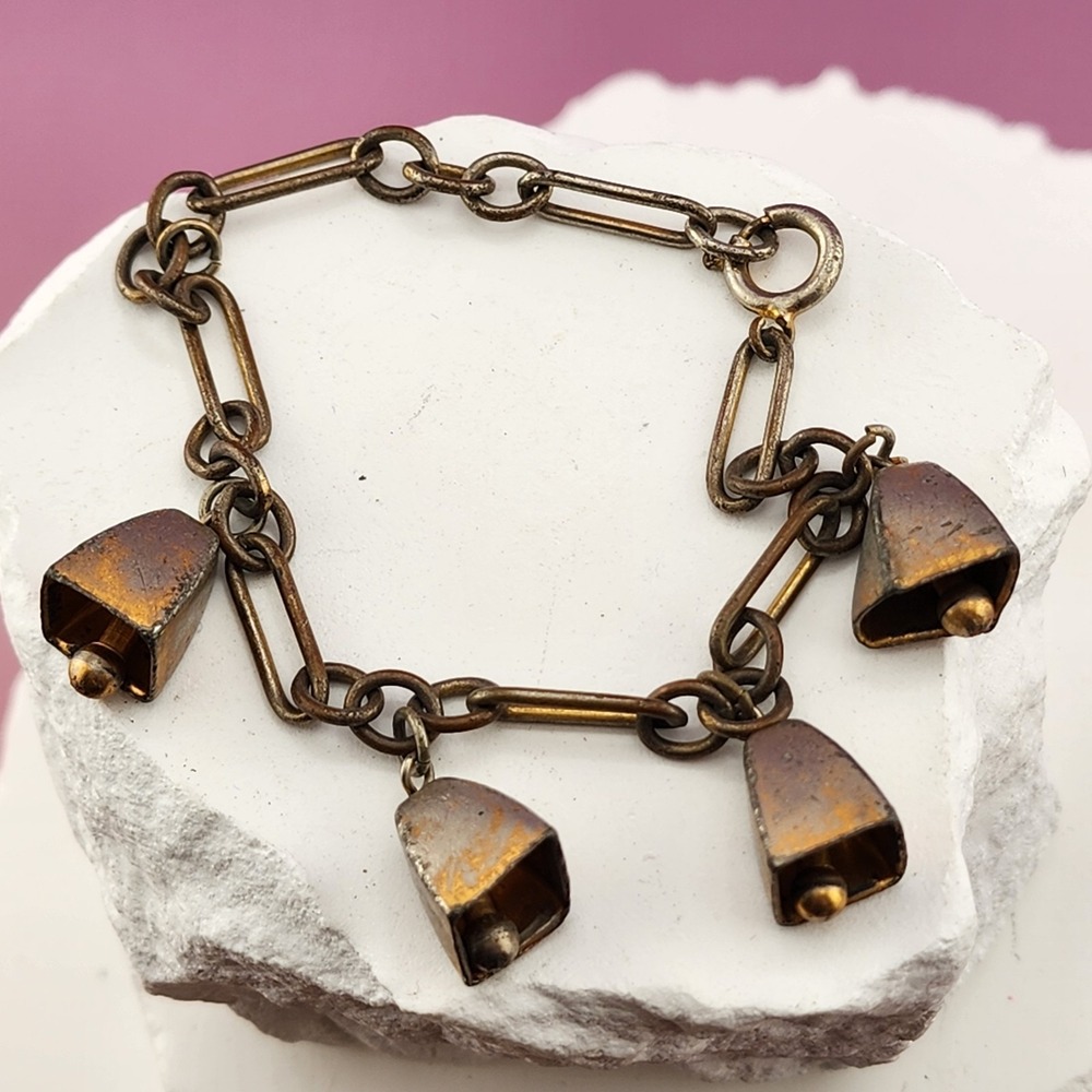Vintage Brass Tone Bell Charm Bracelet Paperclip Chain Rustic Boho Statement